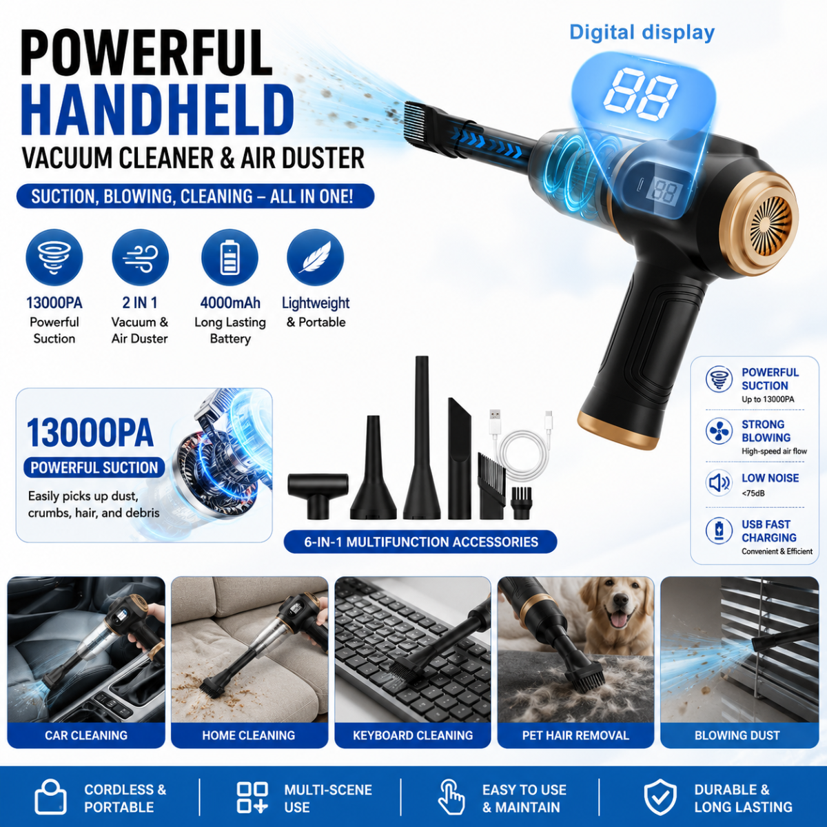 2-in-1 Cordless Car Vacuum