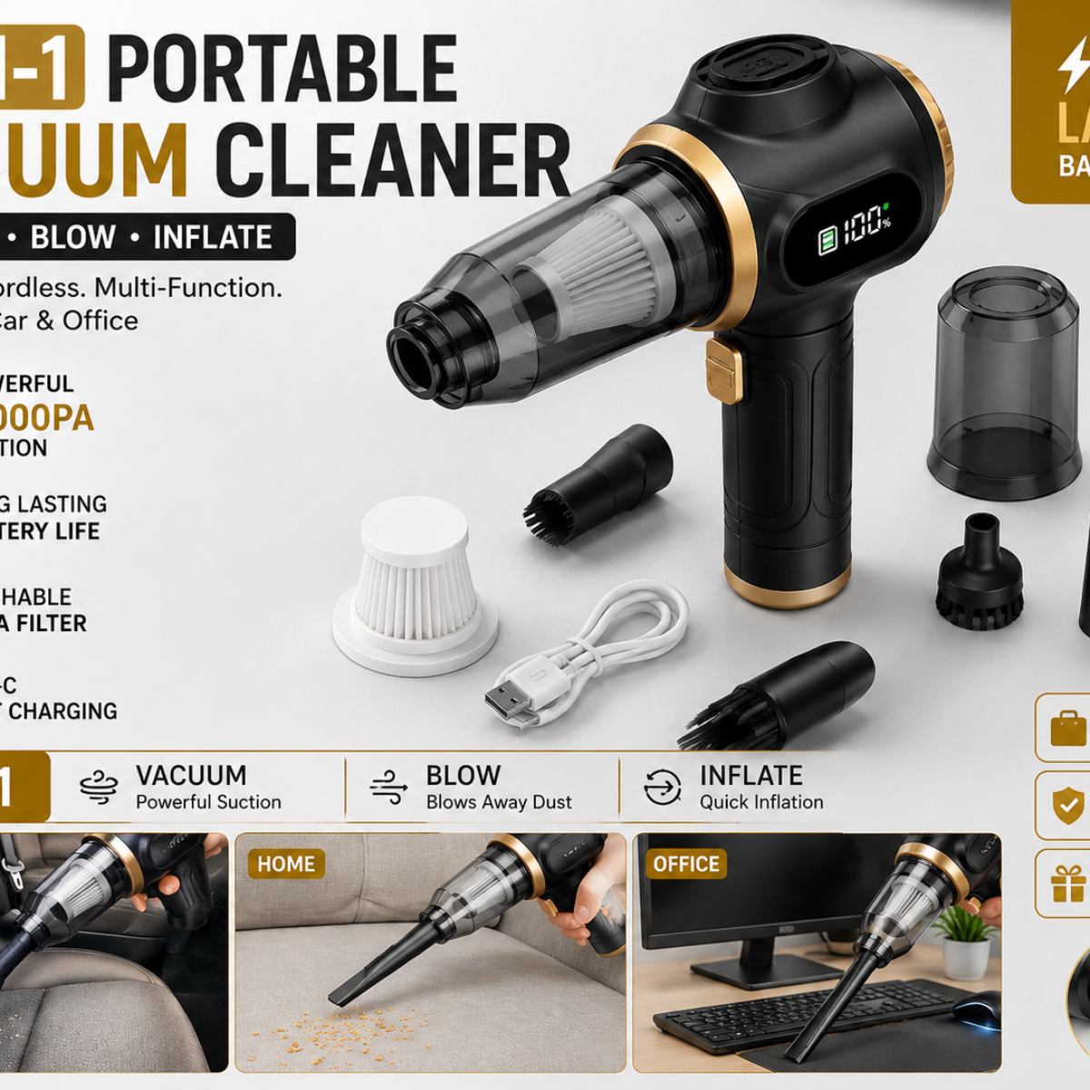 2-in-1 Cordless Car Vacuum